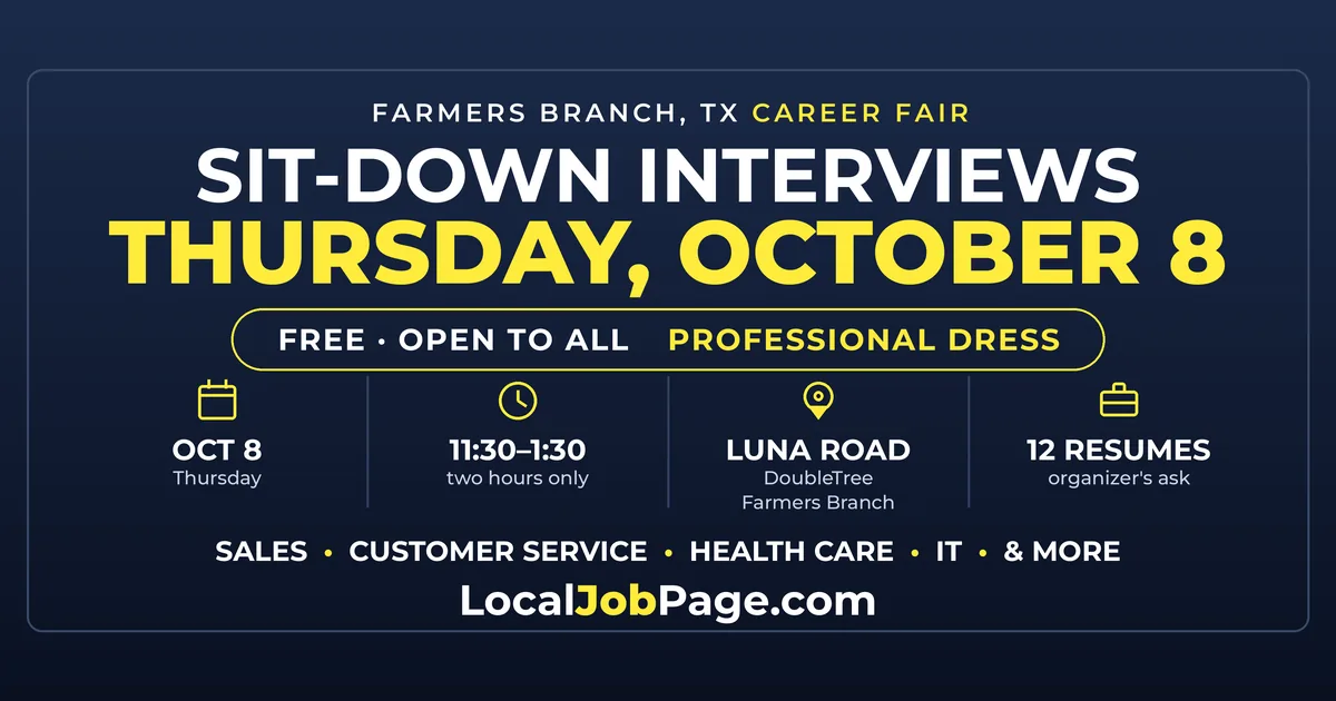 Dallas Career Fair October 8: Free Sit-Down Interviews in Farmers Branch